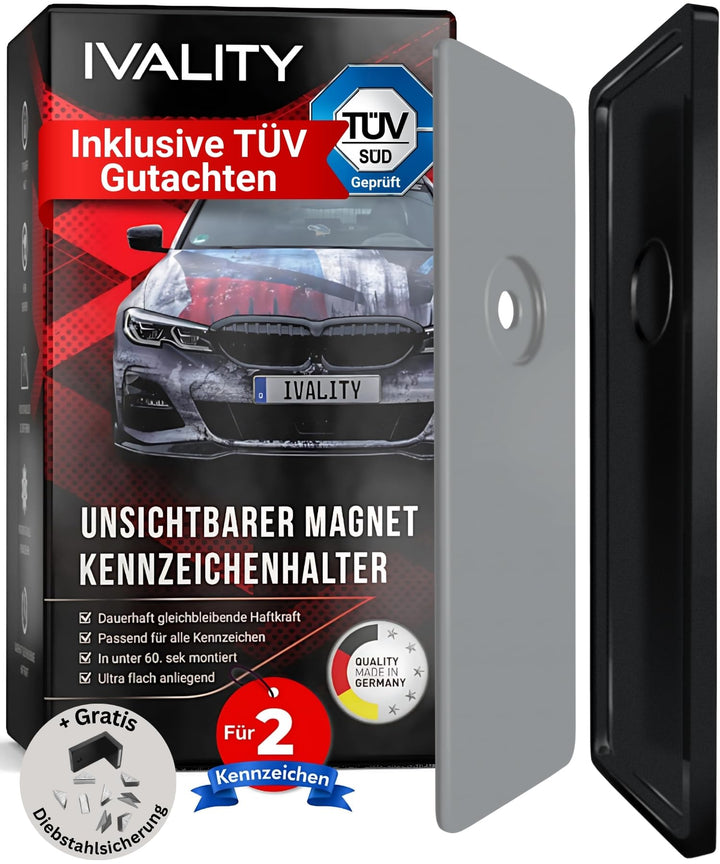 IVALITY Magnetischer Kennzeichen-Halter - Rahmenlose Nummernschild-Halterung für 2X Alu-Kennzeichen