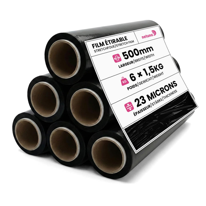 Netuno 6x schwarze Stretchfolie 23my 500 mm 1,5 kg Palettenfolie Wickelfolie PE-Handstretchfolie Cas