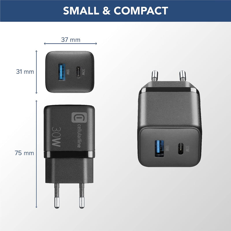 Cellularline | Multipower Micro Netzladegerät | Super Fast Charger 30W mit 2 USB-C-Anschlüssen - aus