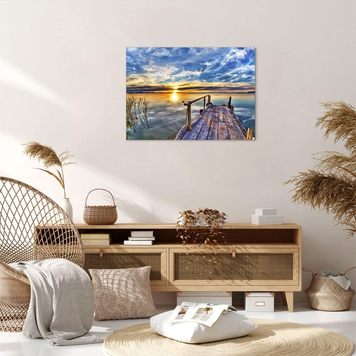 ARTTOR Bilder auf Leinwand See Brücke Leinwandbild mit Rahmen 70x50cm Wandbilder Dekoration Wohnzimm