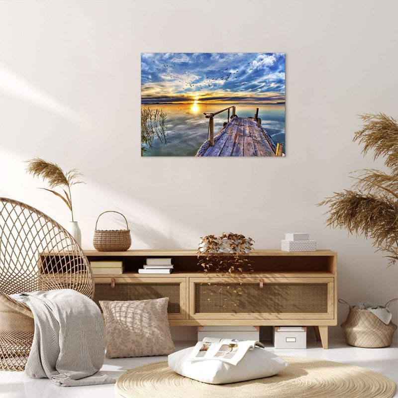 ARTTOR Bilder auf Leinwand See Brücke Leinwandbild mit Rahmen 70x50cm Wandbilder Dekoration Wohnzimm