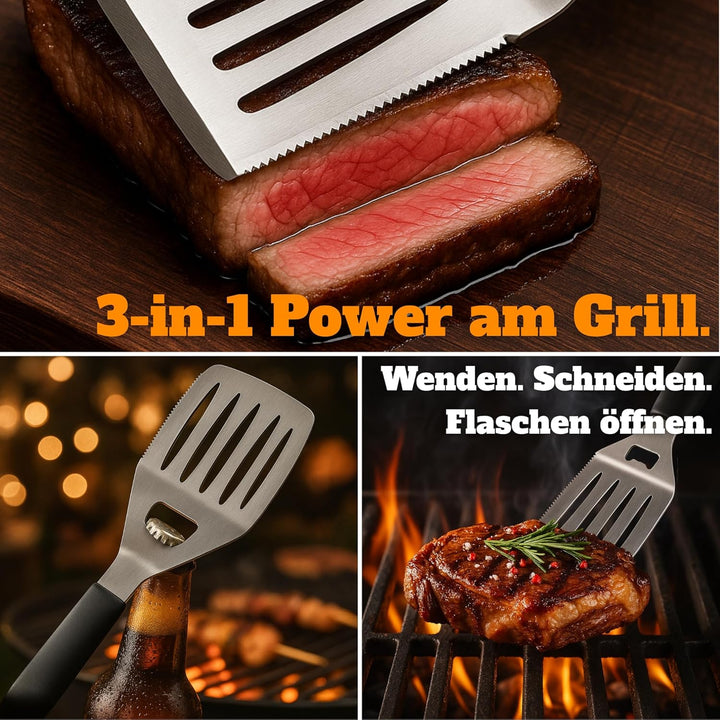 Grillset für Männer Geschenk in Holzkiste – Grillbesteck Set aus Edelstahl - 3-in-1 Spachtel & Reini