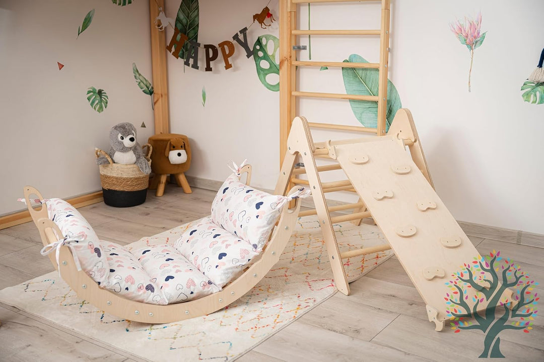 WoodsCraft Kletterbogen mit Kissen - Holz Klettergerüst Indoor - Hypoallergen Kissen für Kletterboge