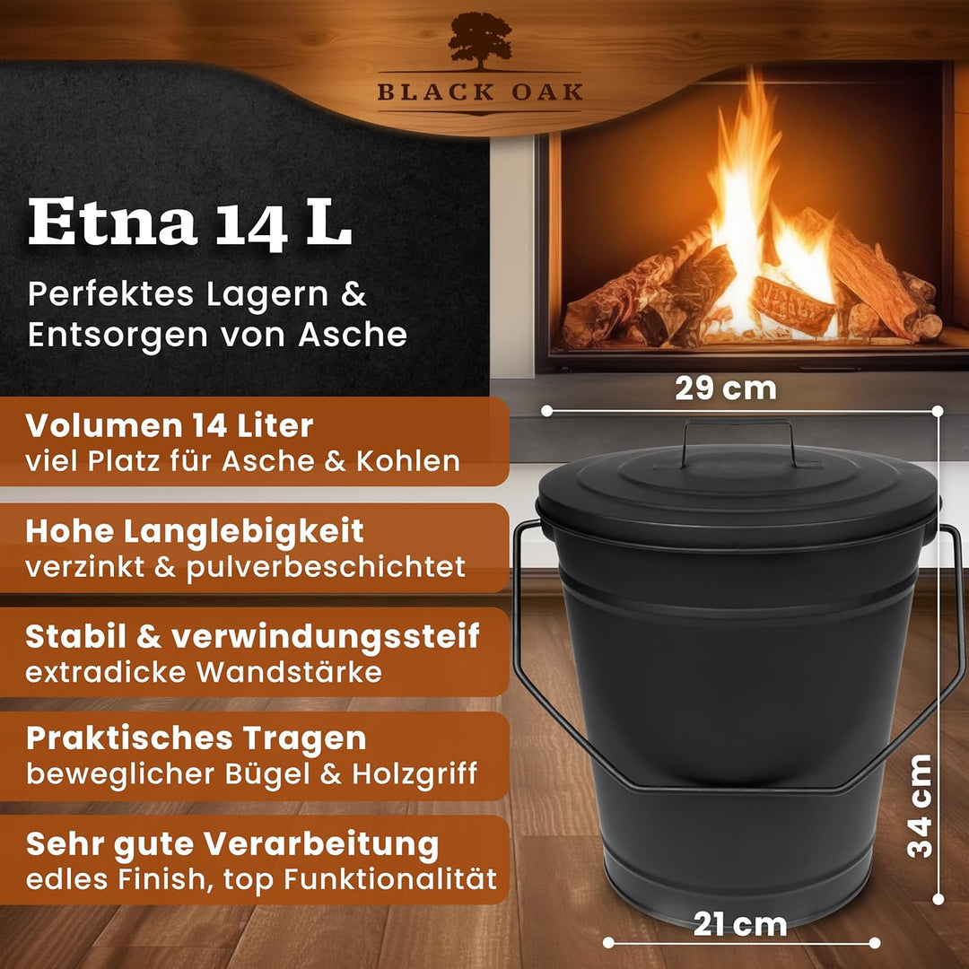 BLACK OAK Ascheeimer ETNA 14L – schwarz mit Deckel - gross 14 Liter - Stahl feuerfest verzinkt & pul