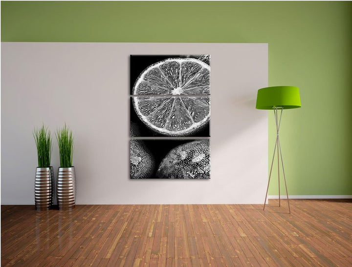 Pixxprint Monocrome, aufgeschnittene Limetten 3-Teiler Leinwandbild 120x80 Bild auf Leinwand