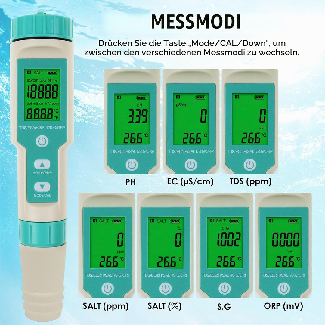 pH-Meter für Wasser: Digitaler 7-in-1-Wassertester mit pH-, TDS-, EC-, ORP-, Salz-, S.G- und Tempera
