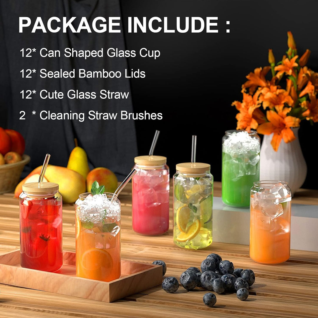 FINEW 12 Stück Gläser mit Deckel und Strohhalm, 16oz/450ml Eiskaffee Gläser, Cocktailgläser, Iced Co
