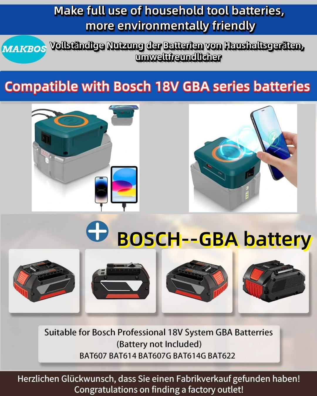 Wireless für Bosch 18V GBA Akku USB Ladegerät Adapter,Kabelloses Handy Ladegerät,Typ-C Telefon Schne