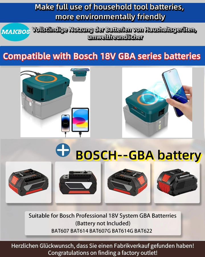 Wireless für Bosch 18V GBA Akku USB Ladegerät Adapter,Kabelloses Handy Ladegerät,Typ-C Telefon Schne