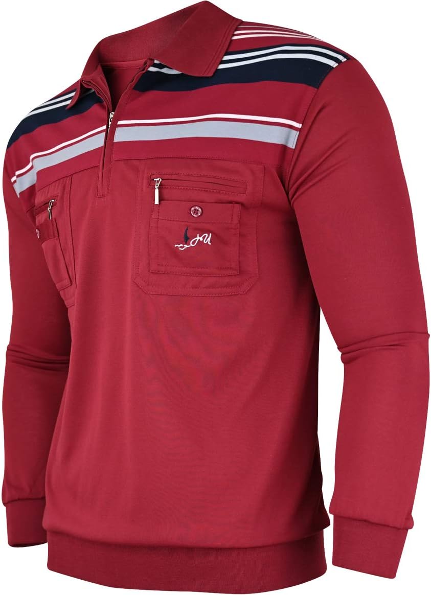 Soltice Herren Langarm Poloshirt mit Brusttasche, Polohemd mit kariert, Gestreiftem Kragen, Blousons