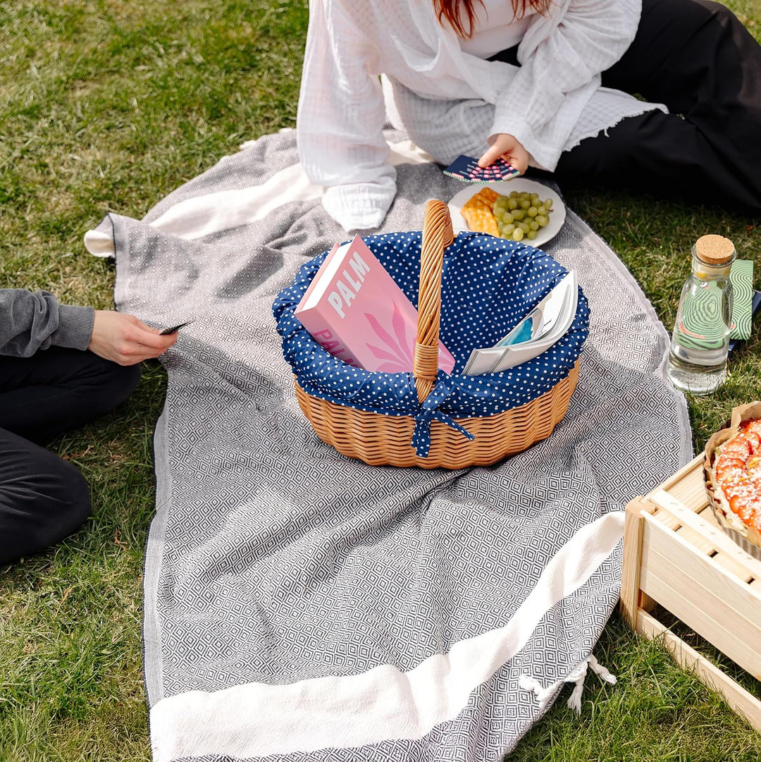 Creative Home Grosser Picknickkorb mit Stoffeinlage blau mit Pünktchen | Weidenkorb mit Henkel | Ein
