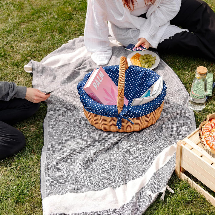 Creative Home Grosser Picknickkorb mit Stoffeinlage blau mit Pünktchen | Weidenkorb mit Henkel | Ein