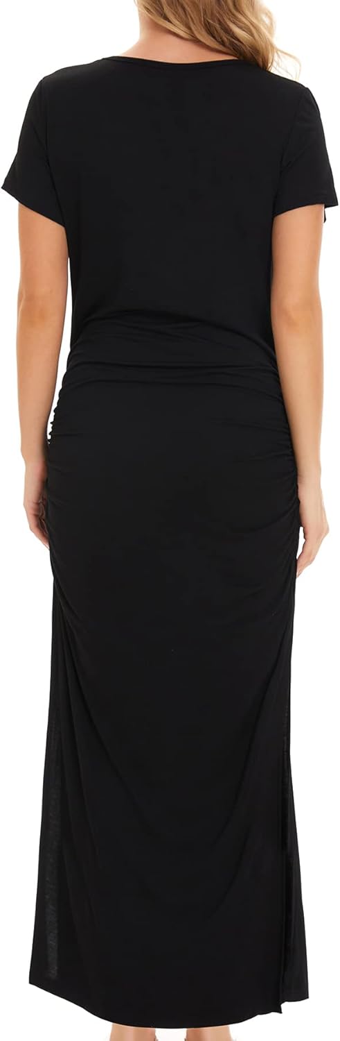 Smallshow Damen Lang Split Umstandskleid Sommer Kurzarm Umstandsmode L Schwarz, L Schwarz