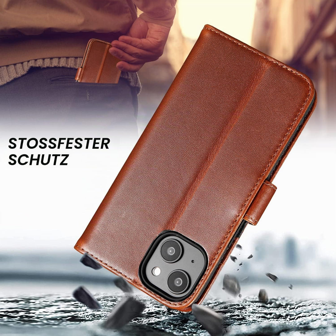 LENSUN Echtleder Hülle für iPhone 14, Leder Handyhülle [Kartenfach][Magnetverschluss][RFID Schutz] H