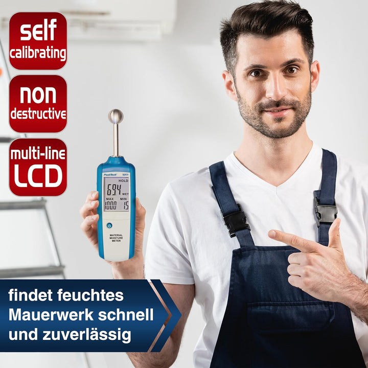 PeakTech 5201 - Profi-Feuchtemessgerät, Indikator für alle Baustoffe, Holz, Wand, Putz, Gips, Mauerw
