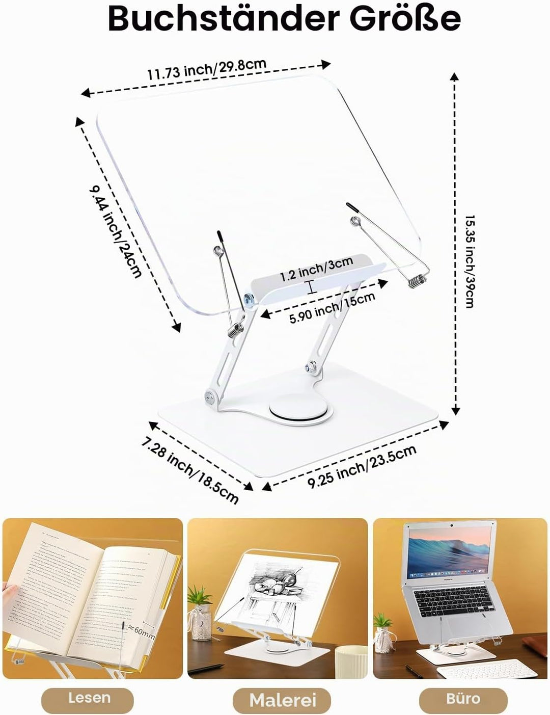 MSDADA Buchständer, Verstellbarer Acryl Buchhalter mit 360° drehbarer Basis, Kochbuchständer, Rezept