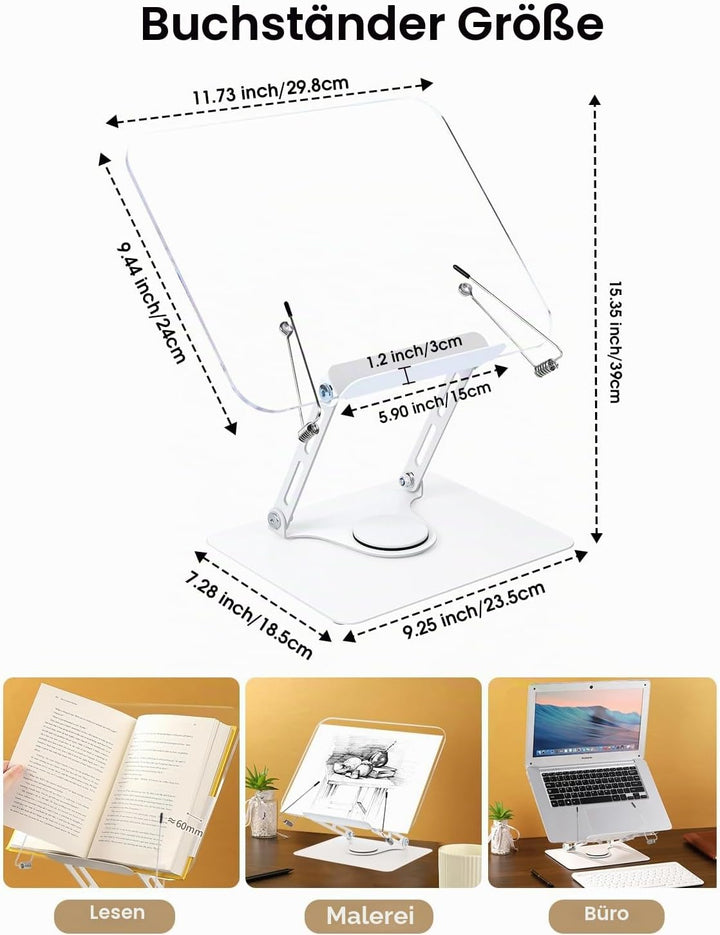 MSDADA Buchständer, Verstellbarer Acryl Buchhalter mit 360° drehbarer Basis, Kochbuchständer, Rezept