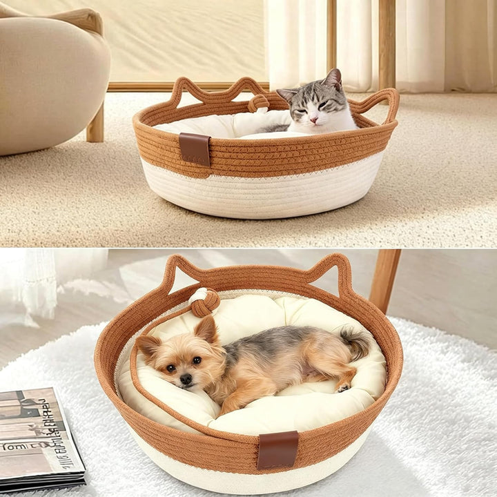 Katzenbett mit Seilball, 46x46x16 cm Rundes Katzenkorb aus Baumwollseilen, Atmungsaktiv Waschbar Dri