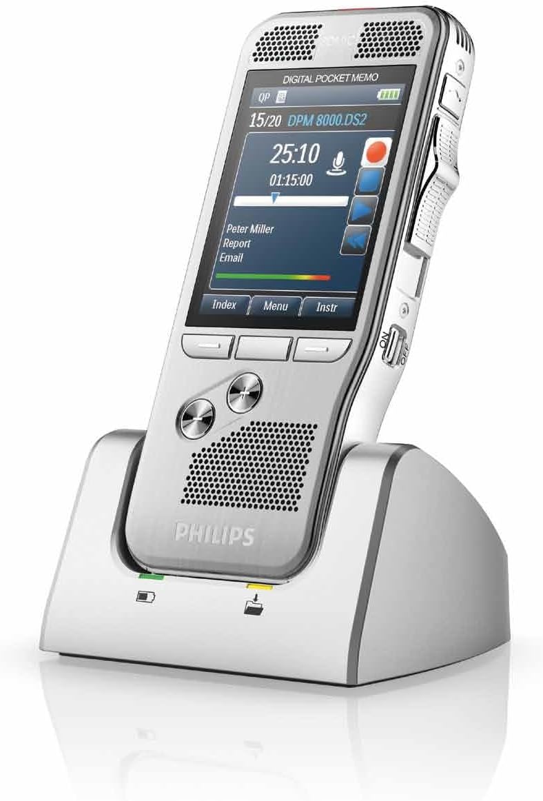 Philips DPM8200 Digitales Diktiergerät, Bedienung per Schiebeschalter, 3D-Mikrofon für ausgez. Stere