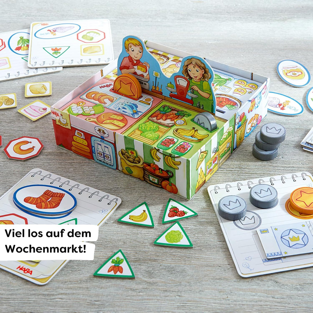 HABA Meine ersten Spiele – Einkaufen – Spiel ab 2 Jahren mit 3D-Marktstand, Holz-Spielgeld & Einkauf