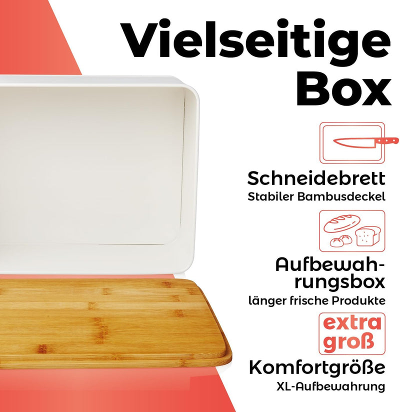 Lumaland Cuisine Brotkasten | Brotdose aus Metall mit Bambus Deckel | Brotbox rechteckig 30,5 x 23,5