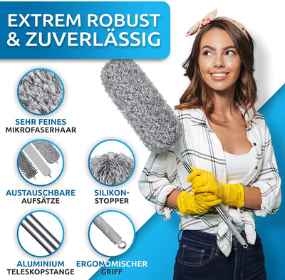 FusselZz® dust it Staubwedel teleskop waschbar [GROssES Set] – lang ausziehbar bis 2,45 m – Spinnweb