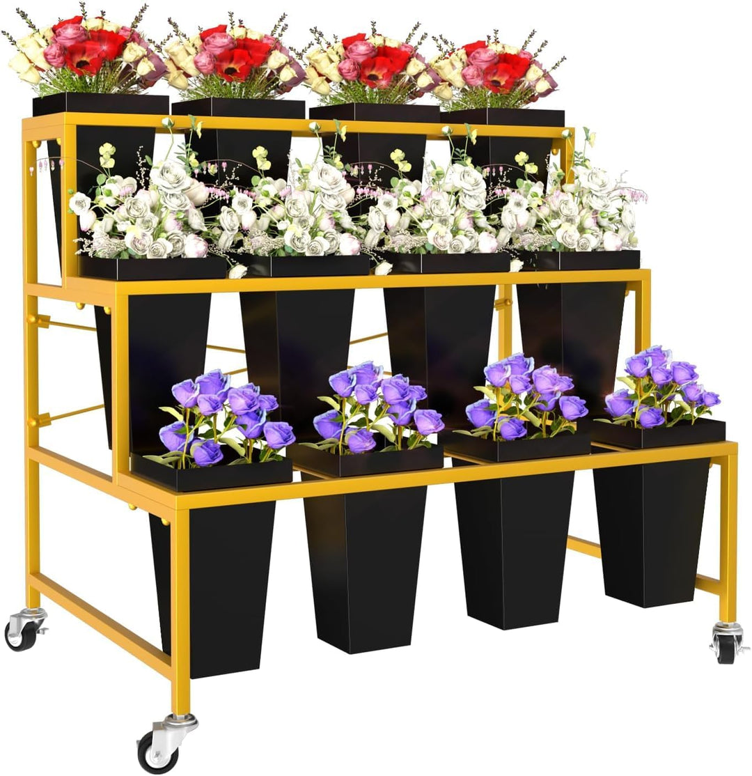 Blumenwagen Gold Metall 3 Ebenen mit feststellbaren 360° Rollen, Stabiler Blumenständer für Blumenkü