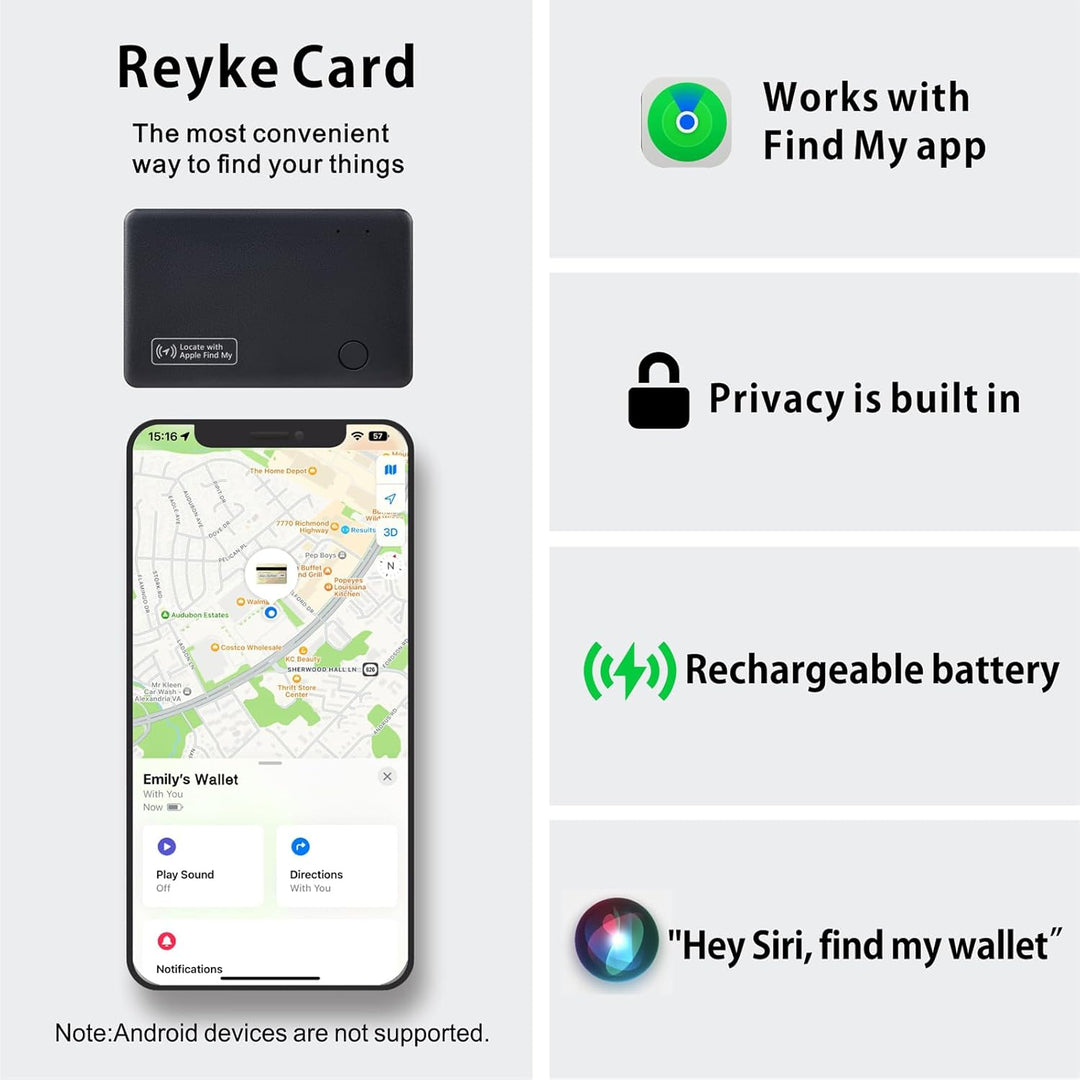 Reyke Dünne Geldbörsen-Tracker-Karte, wiederaufladbarer Geldbörsenfinder, funktioniert mit Apple Fin