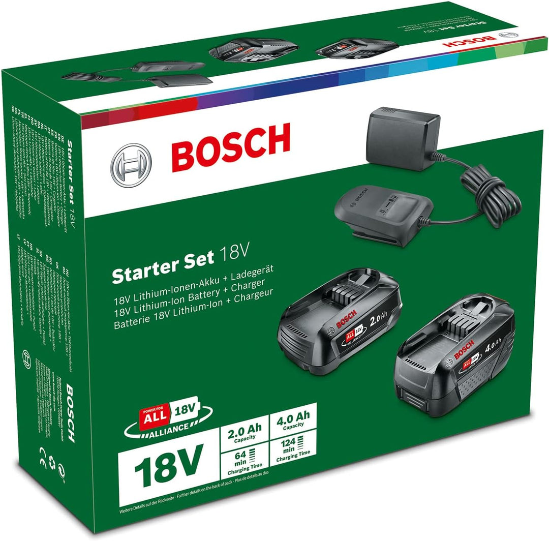 Bosch Home and Garden Akku und Ladegerät Starter Set 18V (2x Akku 2,0 Ah + 4,0 Ah, AL18V-20 Ladegerä