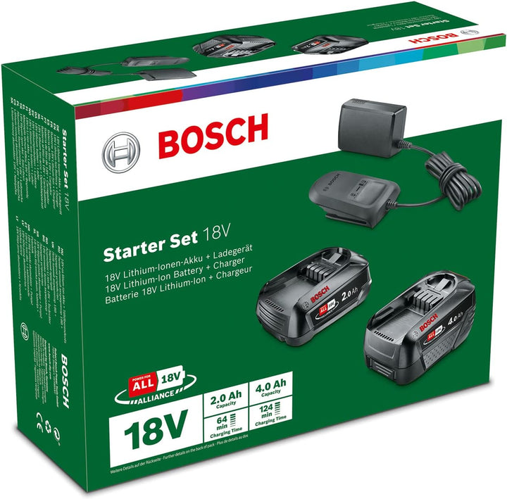 Bosch Home and Garden Akku und Ladegerät Starter Set 18V (2x Akku 2,0 Ah + 4,0 Ah, AL18V-20 Ladegerä