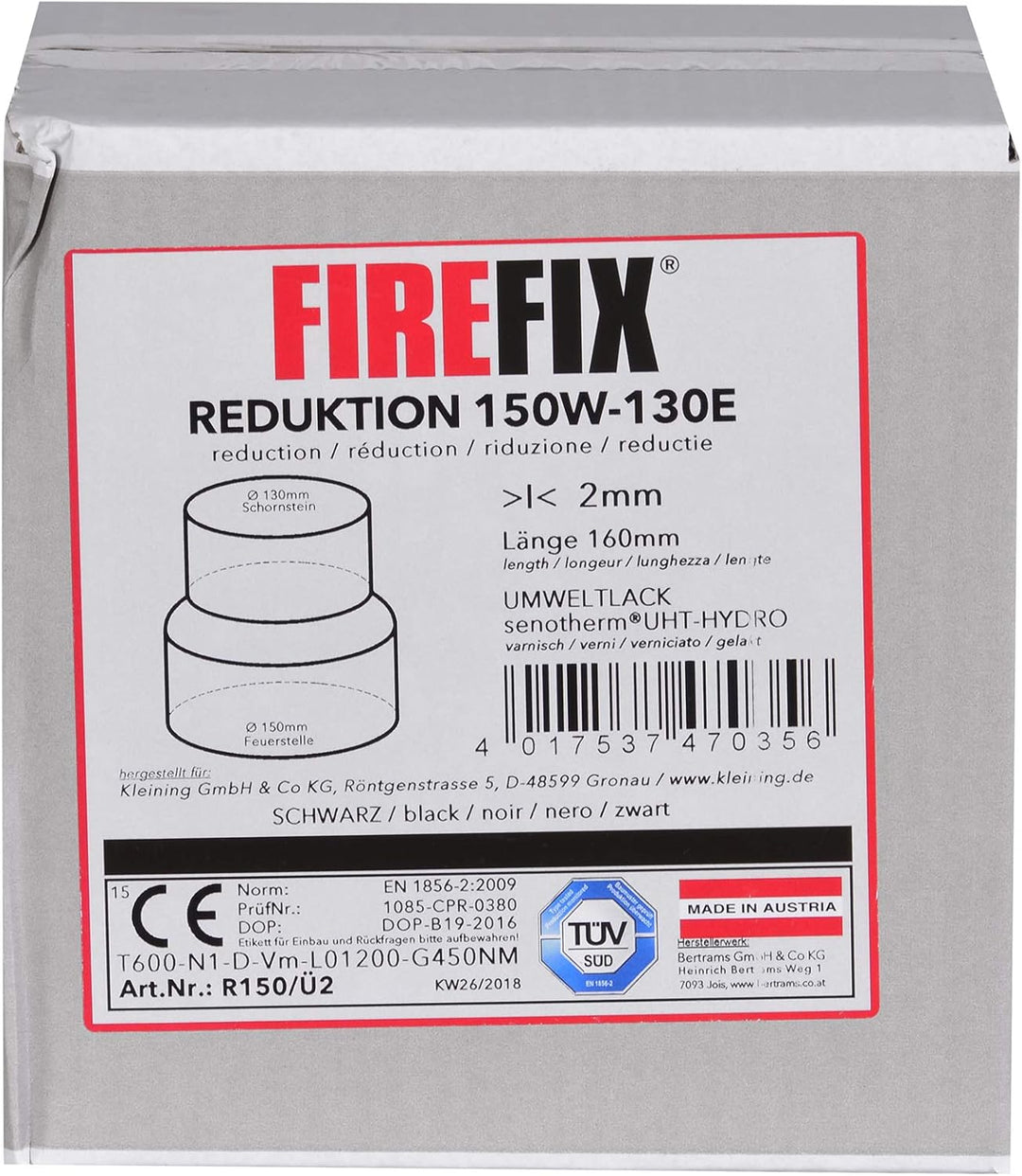 FIREFIX R150/Ü2 Reduzierung 150 auf 130 für 2 mm starke Rauchrohre, schwarz lackiert, von 150 mm Ofe