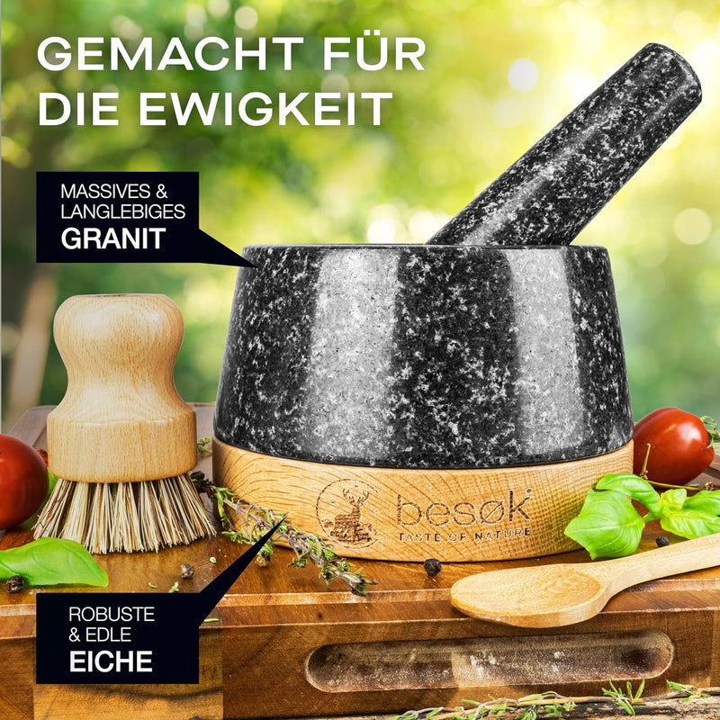 besøk Mörser mit Stössel aus natürlichem Granit mit Holzlöffel, Reinigungsbürste, Pesto Rezeptheft u