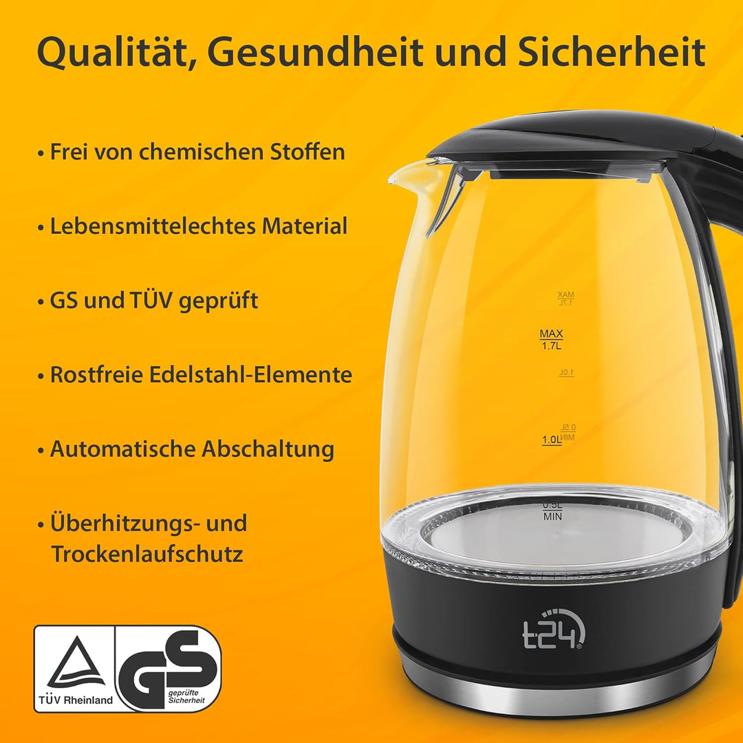 T24 Glas Wasserkocher 1,7L, 2200W, LED-Beleuchtung, 100% BPA-frei, Verdicktes Borosilikatglas, Trock