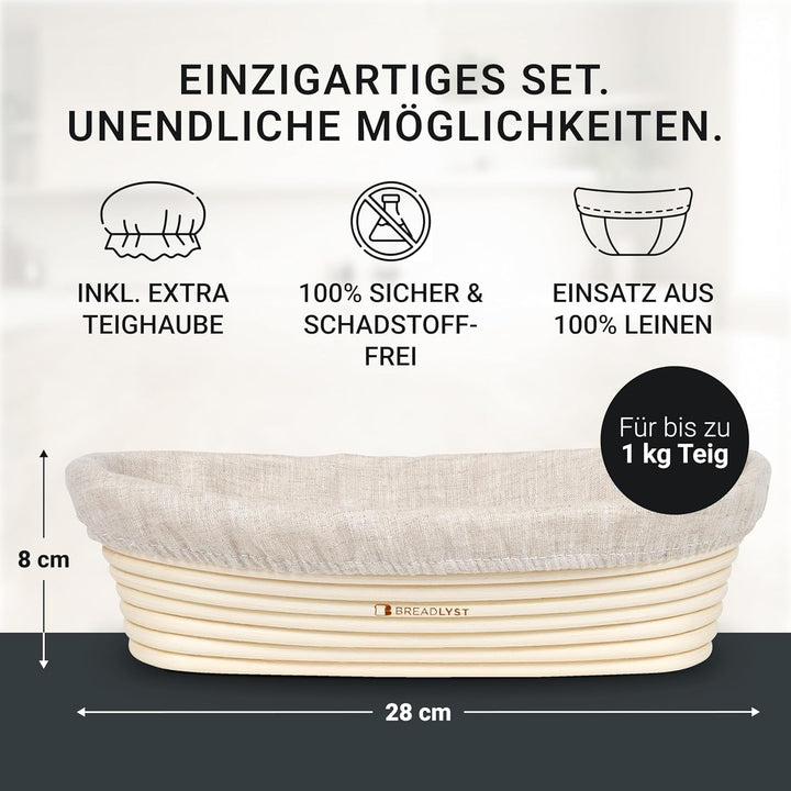 Rattan Gärkörbchen Set – Gärkorb Oval 28 cm mit waschbarem Leinenbezug und Abdeckhaube – Perfekt zum