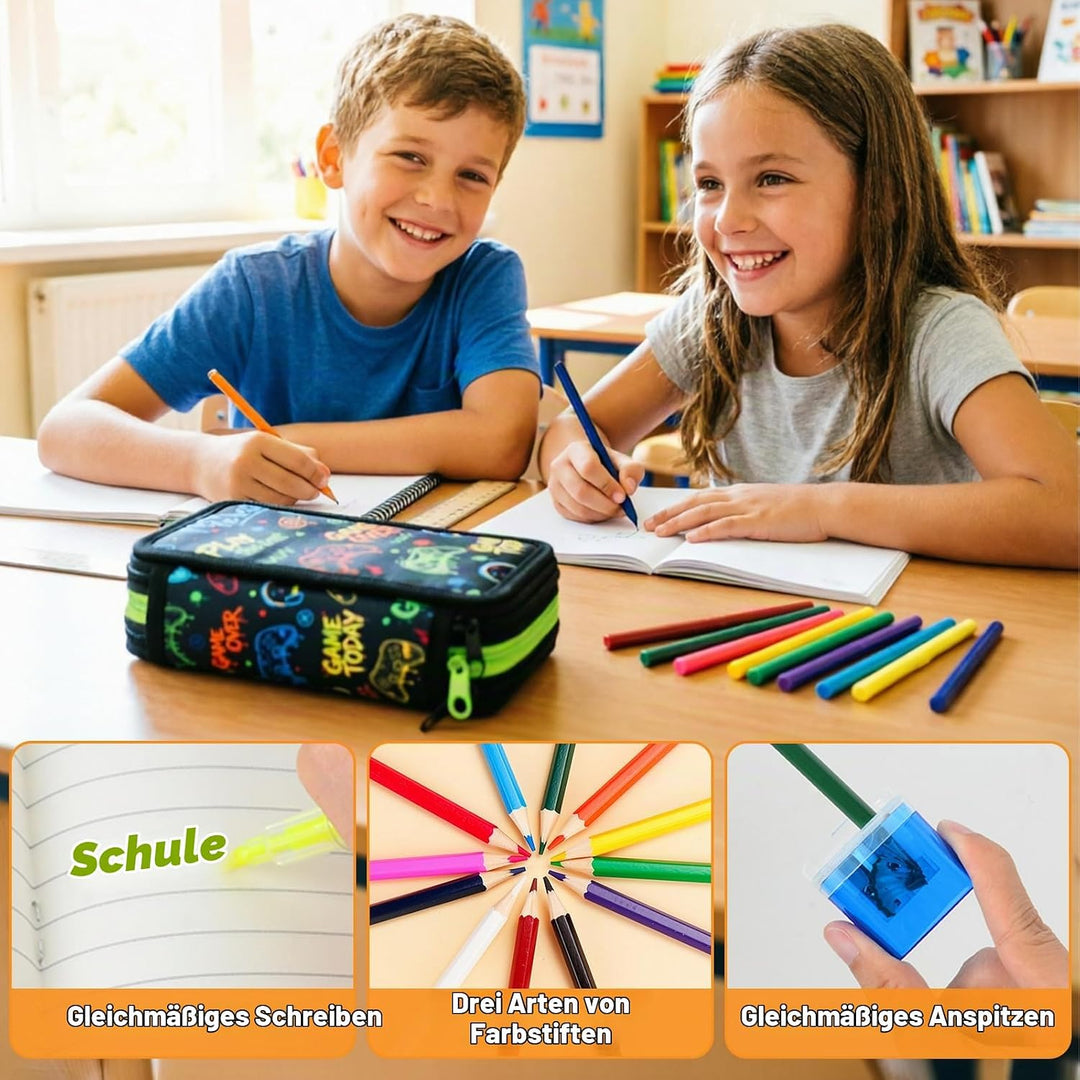 Federmäppchen Jungen 41 Teilig, 3 Fach Gaming Federtasche | Stiften, Textmarker, Radierer, Lineal Se