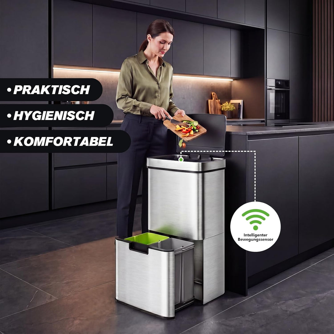 Gardtech Mülleimer Küche mit Sensor 62 Liter, Automatisch Edelstahl Abfalleimer mit 3 fächer Mülltre