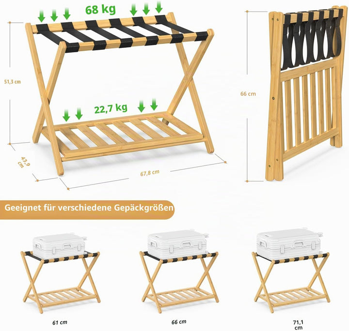 2er Set Bambus Gepäckablage für Gästezimmer, 26,77" Klappbarer Kofferständer mit Ablagefach, Verstär