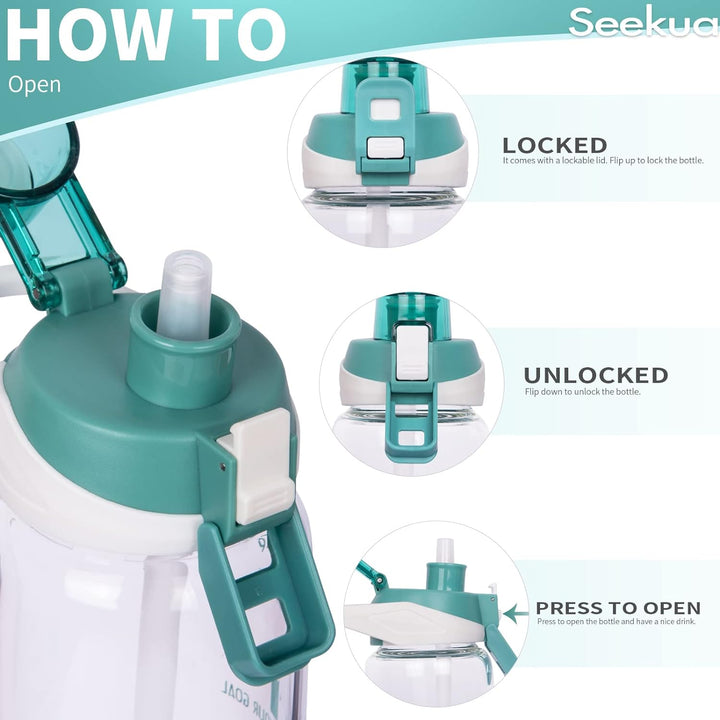 Seekua 1l Sport Trinkflasche Glas Flasche mit Strohhalm & Zeitmarkierung auslaufsicher bpa frei 1 li