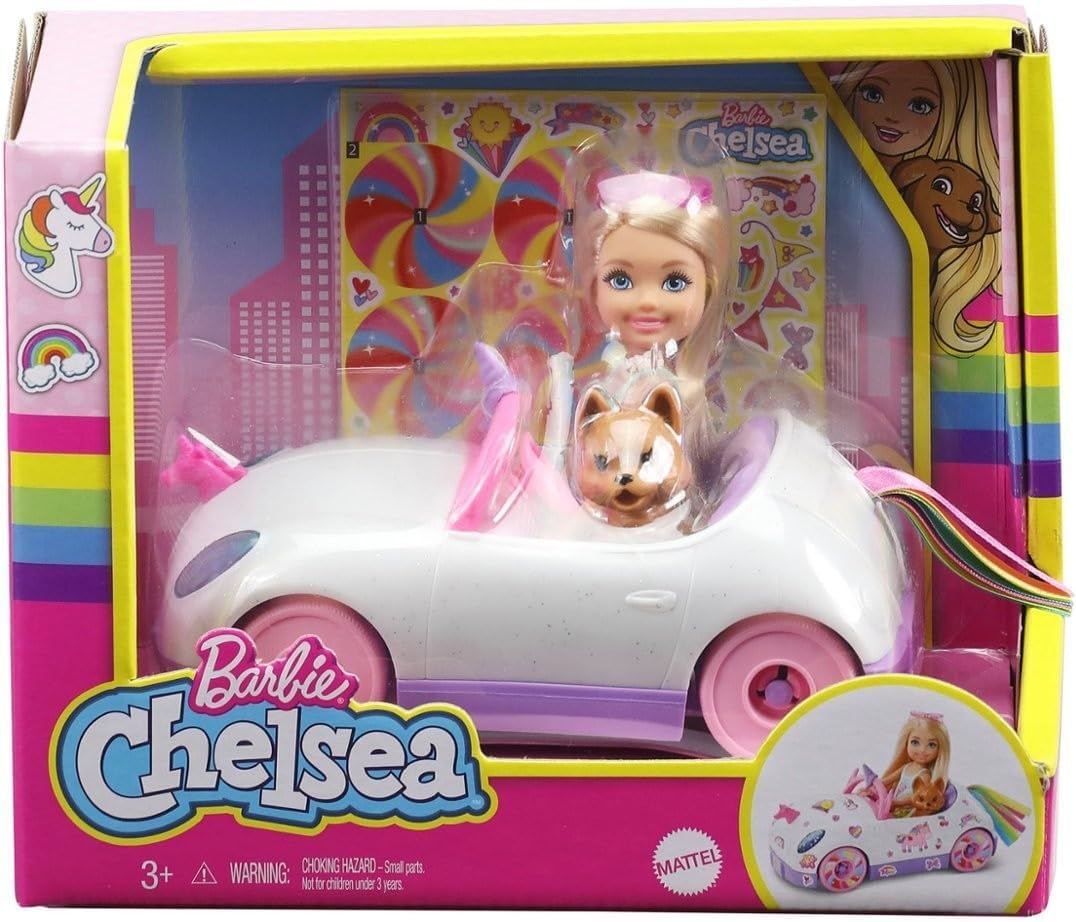 Barbie-Serie Chelsea, Chelsea-Puppe mit Einhorn-Auto, Welpe und Aufklebern, mit Räder, Puppe Chelsea
