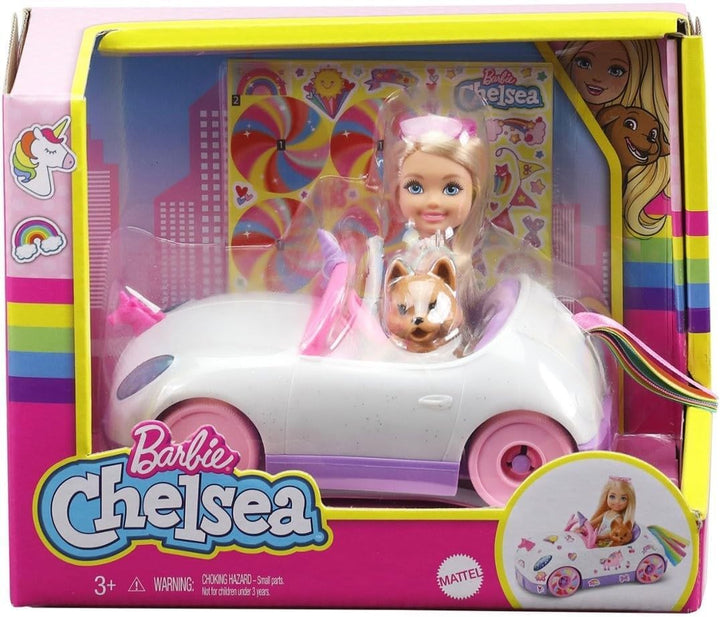 Barbie-Serie Chelsea, Chelsea-Puppe mit Einhorn-Auto, Welpe und Aufklebern, mit Räder, Puppe Chelsea