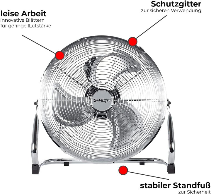 MalTec Standventilator W-OC150WT | leise Boden Ventilator 44cm | 3 Geschwindigkeitsstufen | Tragbar