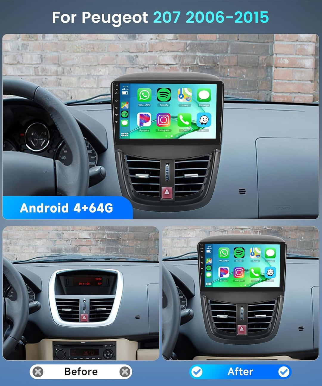 Rimoody 4+64G Android Autoradio für Peugeot 207 2006-2015 9 Zoll Touchscreen Kabelloses Carplay 207