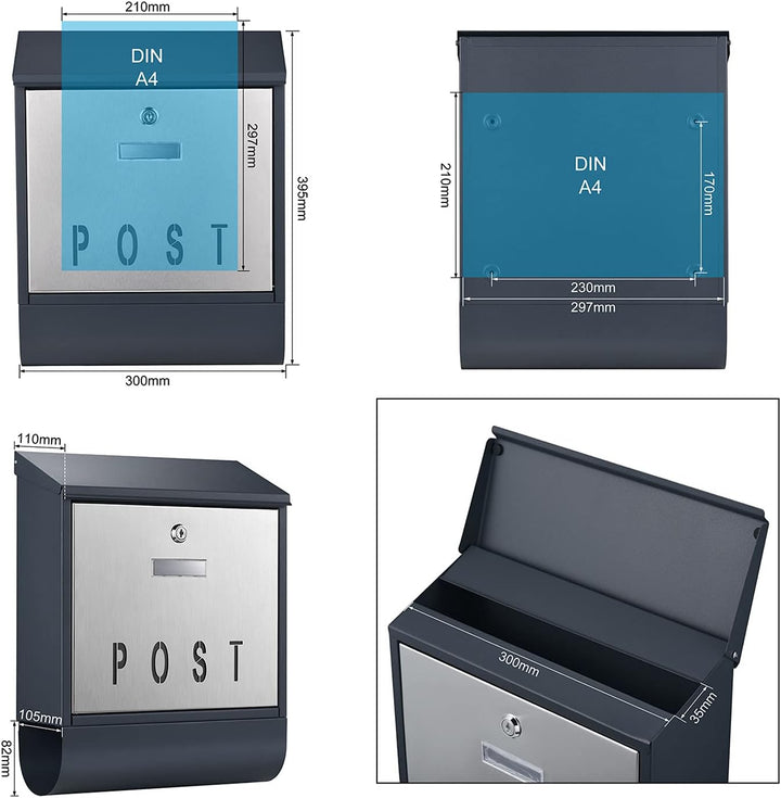 Wiltec Designer Briefkasten V38 Anthrazit und Edelstahl 305 x 105 x 385 mm, Wandbriefkasten mit Schl