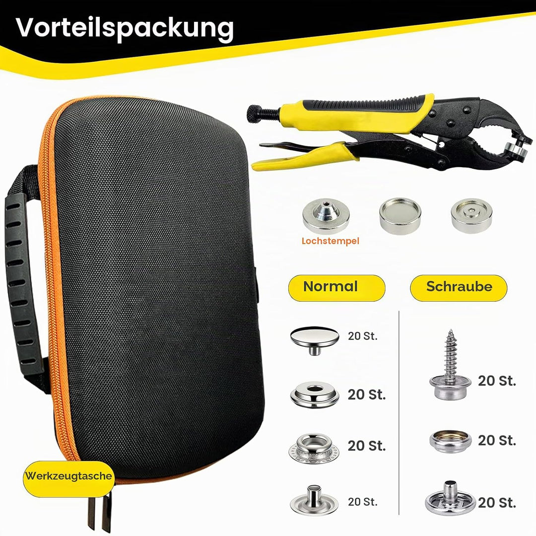 Robustes Druckknopf-Werkzeugset, Stanzfunktion, Druckknopf-Werkzeug mit verstellbarem Setter, 15 mm
