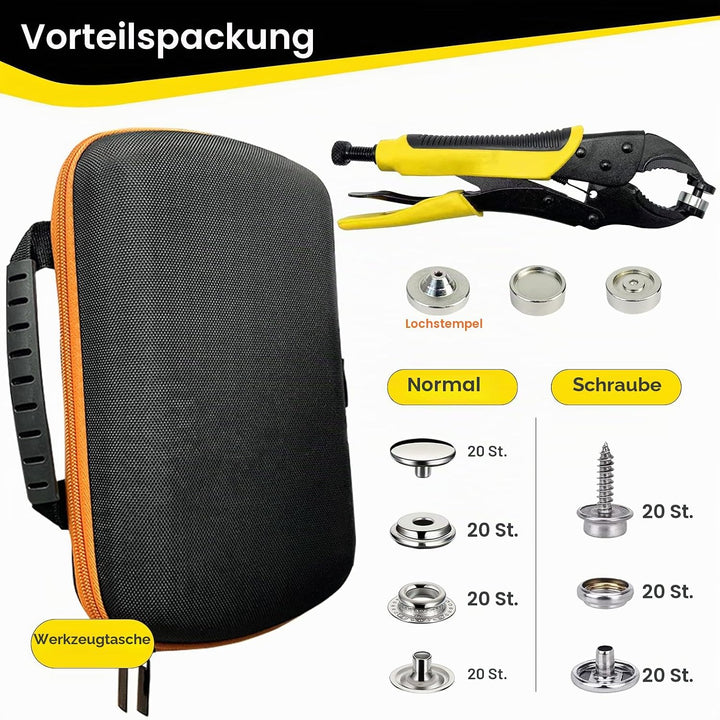 Robustes Druckknopf-Werkzeugset, Stanzfunktion, Druckknopf-Werkzeug mit verstellbarem Setter, 15 mm