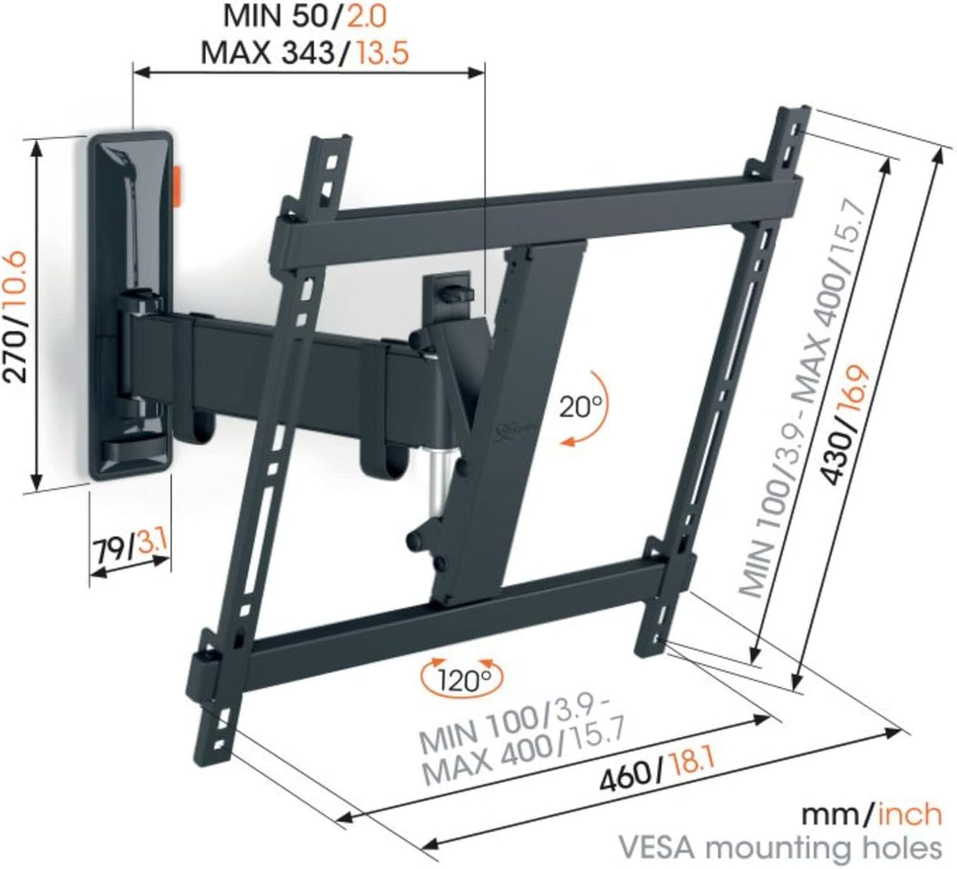 Vogel's Comfort TVM 3425 Schwenkbare TV-Wandhalterung für 32-65 Zoll Fernseher, Max. 25 kg, Schwenkb