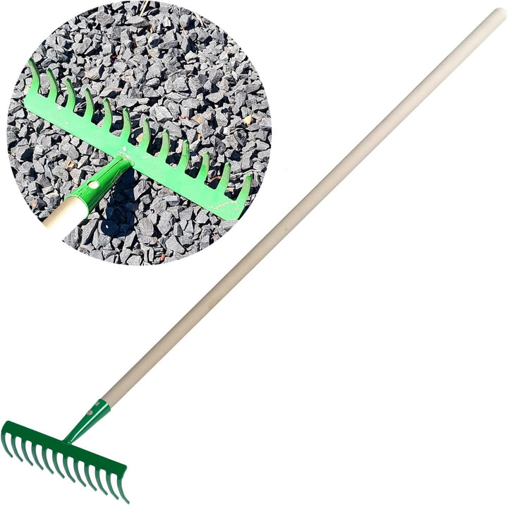 Garten Gerät Harke Rasen Boden Erde Rechen 12 Zinken Stahl grün Gartenrechen 30,0 cm mit Holz Stiel