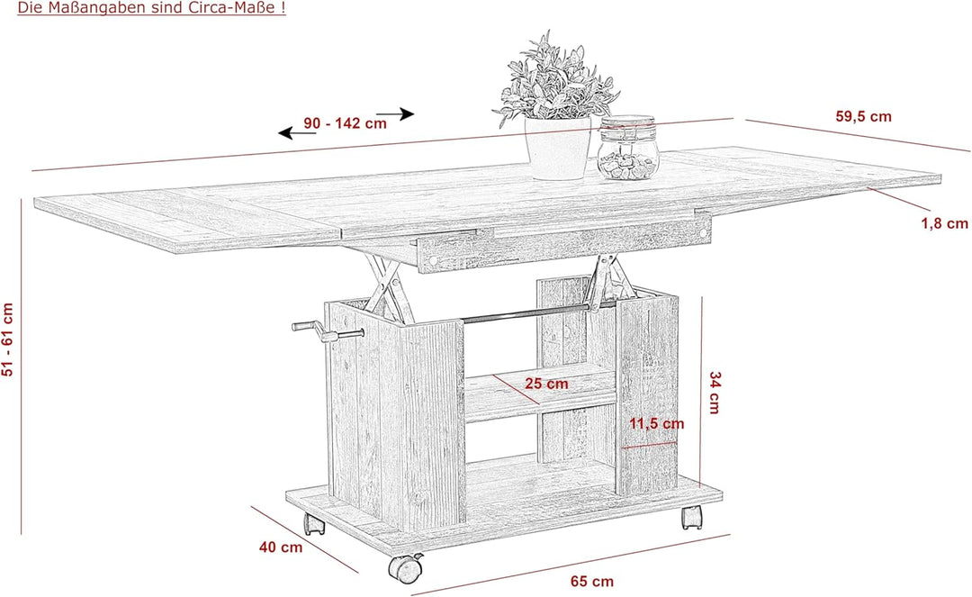 Apollo Funktionscouchtisch Sofatisch Jakob, Holzoptik melaminbeschichtet, Eiche, höhenverstellbar 51