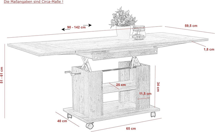 Apollo Funktionscouchtisch Sofatisch Jakob, Holzoptik melaminbeschichtet, Eiche, höhenverstellbar 51