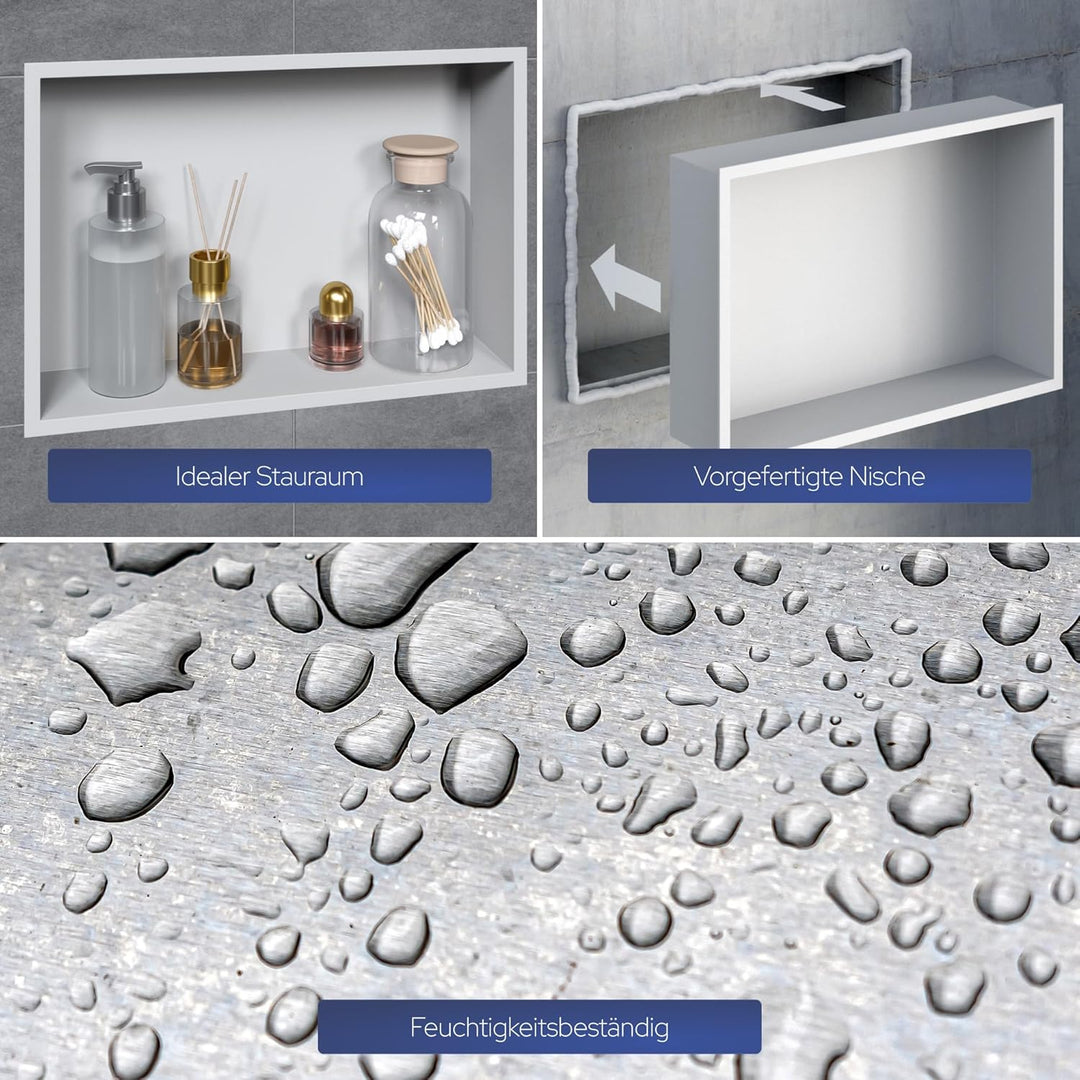 VILSTEIN Wandnische Dusche 30x90 cm [ROSTFREI] - Randlose Nische - Wandnische Weiss - Einbauregal fü